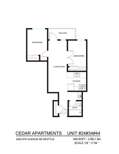 Floor plan for 2 beds, 1 bath, 406 sqft